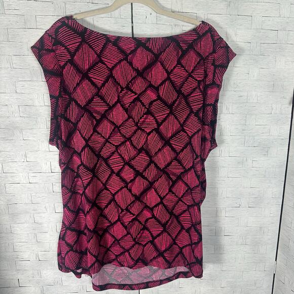 Anne Klein women’s blouse asymmetrical cap sleeve black pink bohemian plus size - Picture 2 of 8